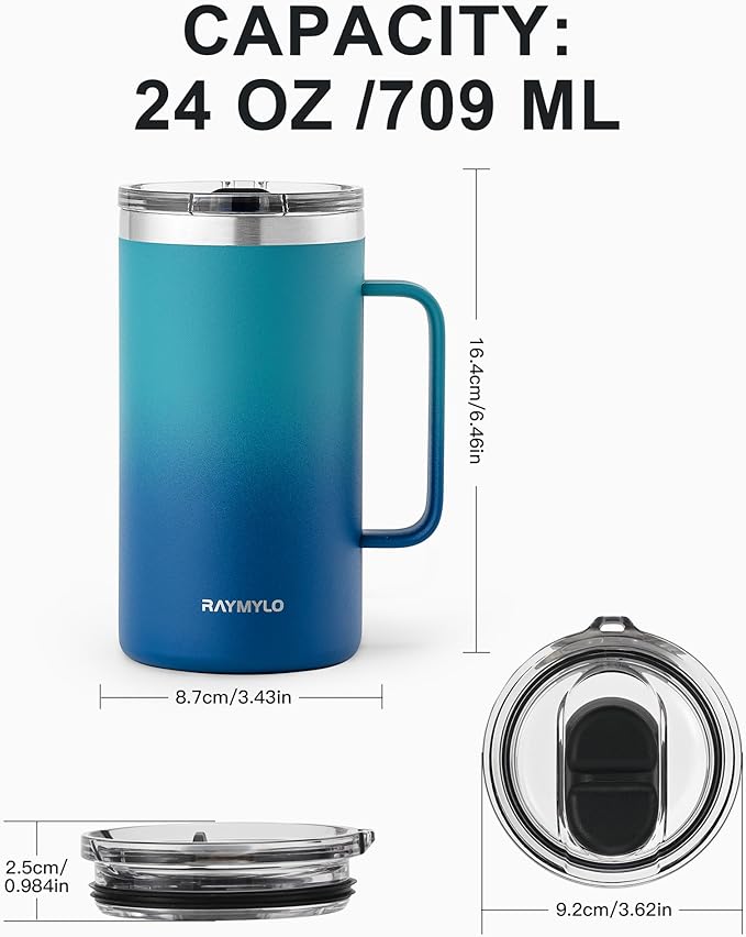 Insulated Coffee Mug 24 oz, Double Wall Stainless Steel Coffee Mug with Lids, Leak-Proof & Detachable Slider Lid for Thorough Clean, Keeps Coffee Cold for 9 Hrs, Suitable for Camp Home Office