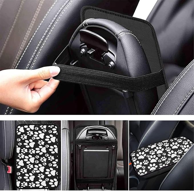 GLENLCWE White Puppy Paws Print Car Armrest Cover with Rubber Band,Soft Shoulder Cushion Center Console Pad Non Slip Universal Car Accessories