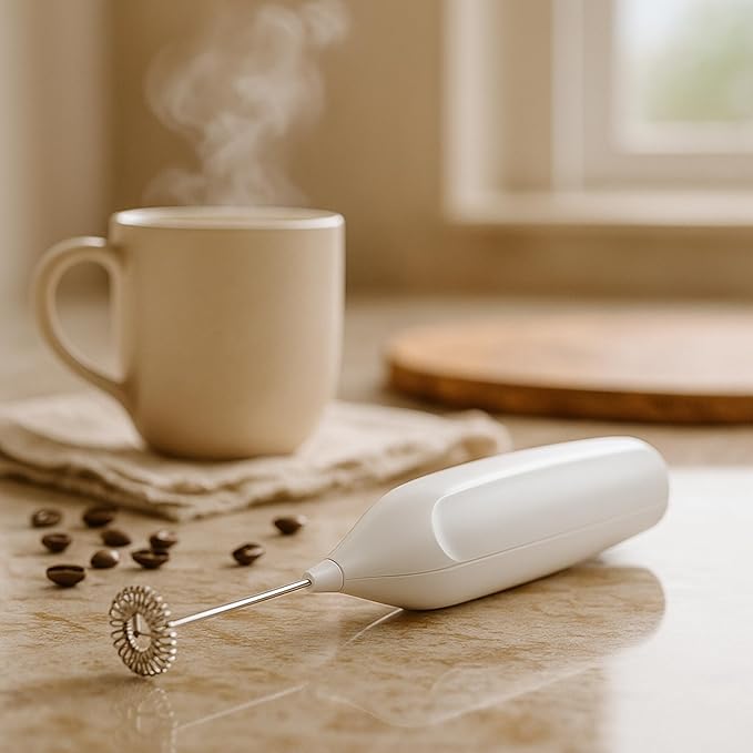 Oggi Handheld Milk Frother, Electric Frother Wand with Stainless Steel Whisk, Mini Whisk for Coffee, Matcha, Latte, Protein, Eggs & More, Battery Operated Compact Frother for Kitchen or Travel, White