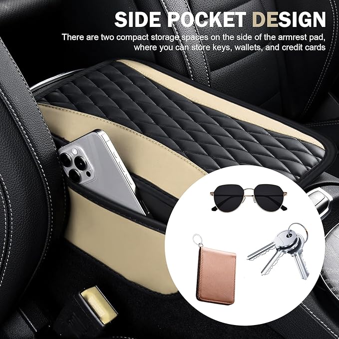 Car Center Console Cover, Upgraded Patchwork Leather Arm Rest Cover with Side Storage Pockets, Comfortable Auto Armrest Protector Cushion, Universal Middle Console Pad for SUV, Sedan (Beige)