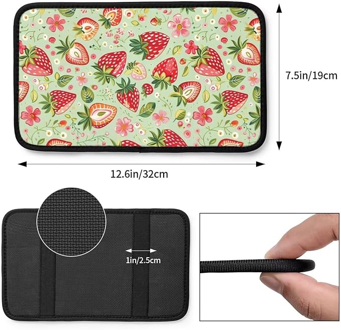 Car Center Console Cushion Pad Strawberry Cute Red Waterproof Armrest Seat Box Cover Protector Sage Green Cars Decor Accessories Fit for Most Cars Sedans Vans Truck Vehicles, SUV