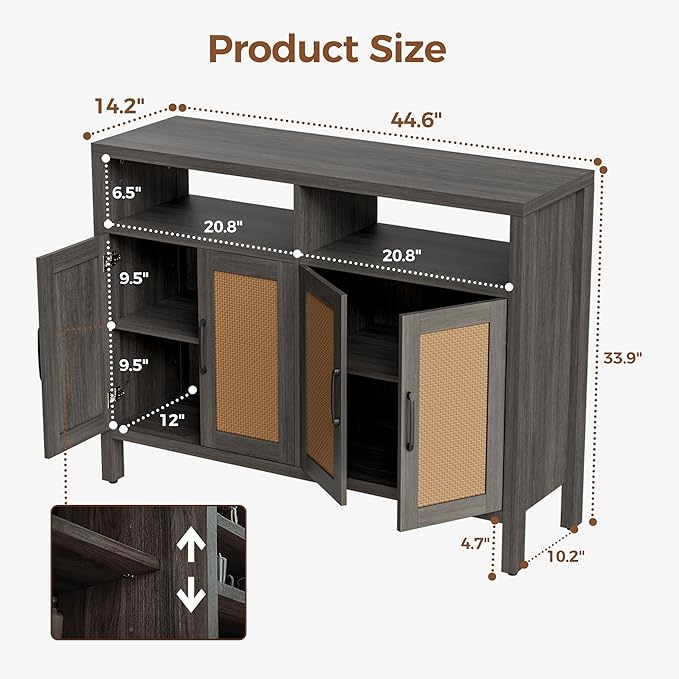 Mericonia Rattan Buffet Cabinet with Storage, Sideboard with Doors, Console Table, Farmhouse Coffee Bar, Modern Wood Storage Cabinets TV Stand(Brown Black 2.0)