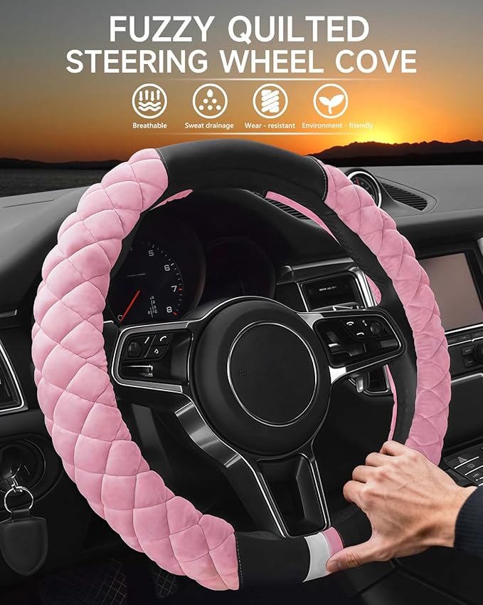 Cxtiy Universal Car Steering Wheel Cover Fluffy Winter Plush Steering Wheel Cover (A-Pink)