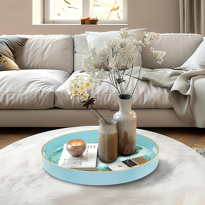 MAONAME Turquoise Decorative Tray for Coffee Table, 13" Modern Marbling Serving Tray with Handles, Plastic Round Trays for Ottoman, Bathroom, Storage