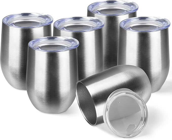 StarSpeed 12oz/6 Pack Wine Tumbler with lid, Stainless Steel Travel Mugs Stemless Double Wall Insulated Coffee Cup, Insulated Wine Glasses Travel Tumbler for Cold & Hot Drinks(Silver, 6)