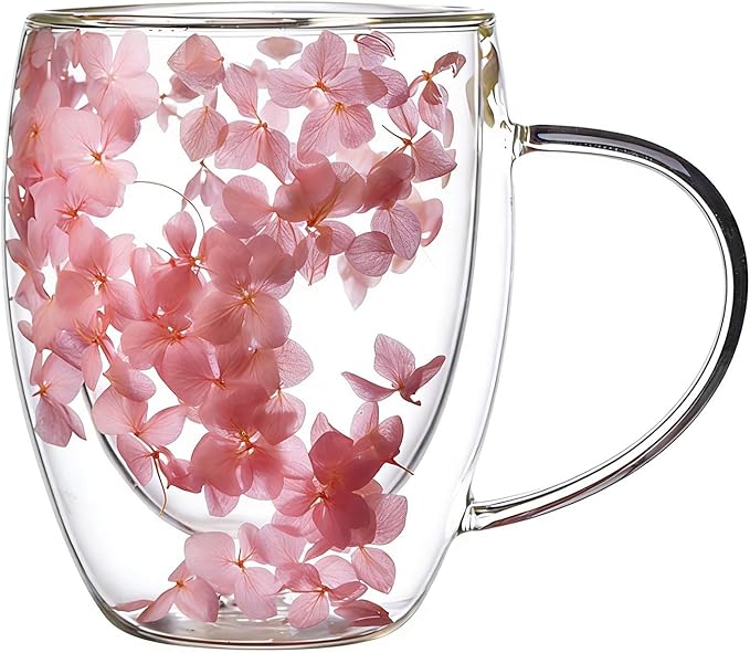 Double Wall Glass Coffee Mugs, 12 oz Clear Floral Insulated Glass Cups with Handle, Hand Blown Borosilicate Coffee Mug for Espresso, Cappuccino, Latte, Tea & Hot Beverages (Pink)