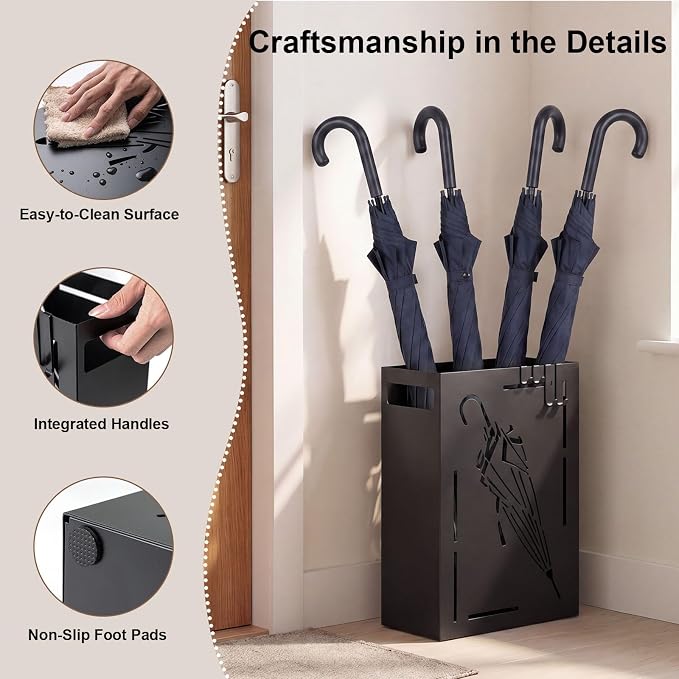 Goplus Metal Umbrella Holder, Rectangular Indoor Umbrella Stand Freestanding w/Removable Drip Tray, 4 Hanging Hooks, Heavy-Duty Umbrella Holders for Entryway, Home Office, 11 x 5 x 16 Inch, Black