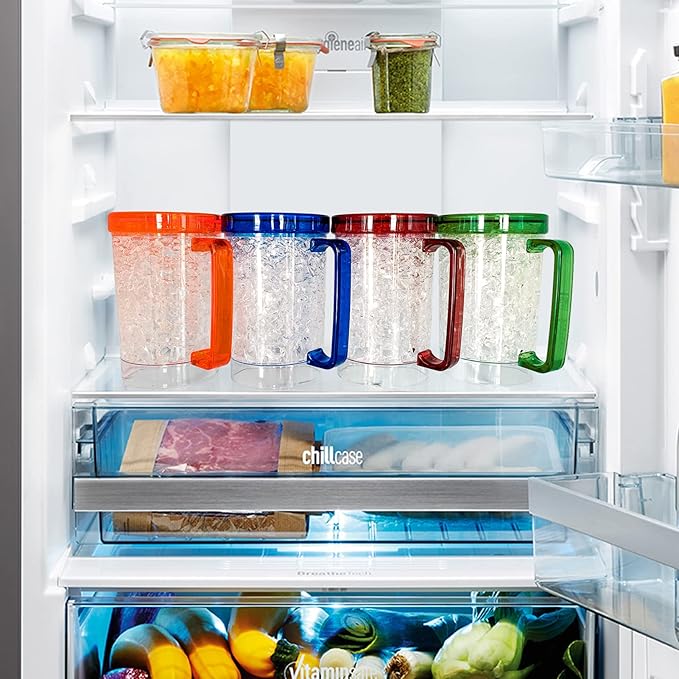 Double Wall Gel Frosty Freezer Ice Mugs Clear 16oz Set of 4 (Blue, Red, Orange and Green)