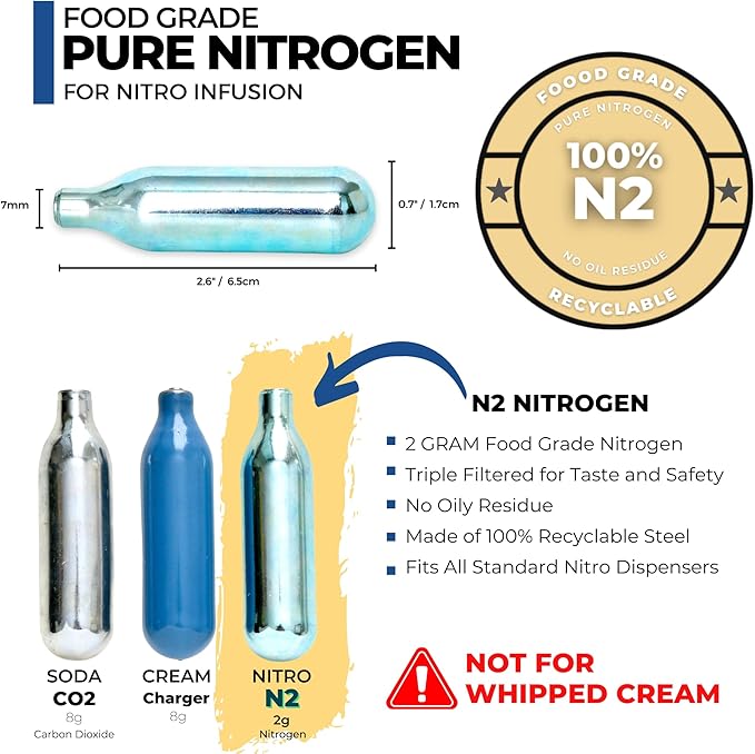 ICO 40pcs Nitrogen Cartridges, N2 Cartridges for Nitro Cold Brew Coffee Maker, Non-threaded Nitro Cartridge for Making Nitro Cold Brew and Nitro Infused Beverages, 2g