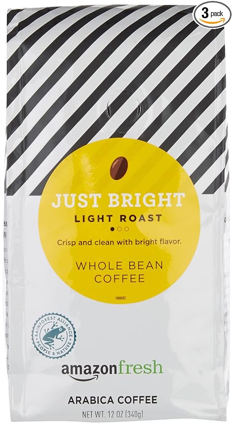 Amazon Fresh Just Bright Whole Bean Coffee, Light Roast, 12 Ounce (Pack of 3)