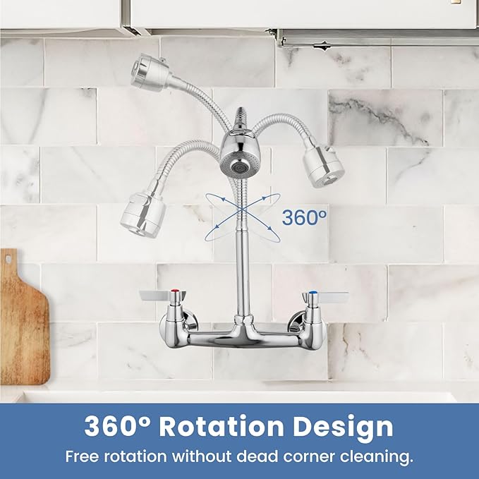 Airuida Chrome Polish Wall Mount Kitchen Sink Faucet 8 Inch Center Unility Faucet Wall Mounted Double Lever Handles Commercial Faucet with 360 Degree Rotation Sprayer Brass Valve Body Mixer Tap