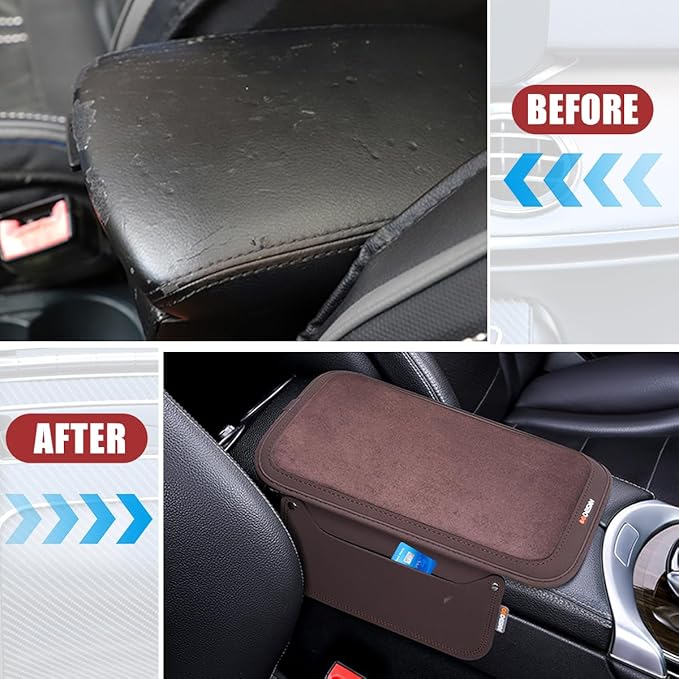 Car Center Console Cover, Leather Furry Fluffy Armrest Seat Box Cushion Pad with 2 Storage Bags, Comfortable Auto Interior Middle Console Protector, Compatible with Most Vehicle (Coffee)