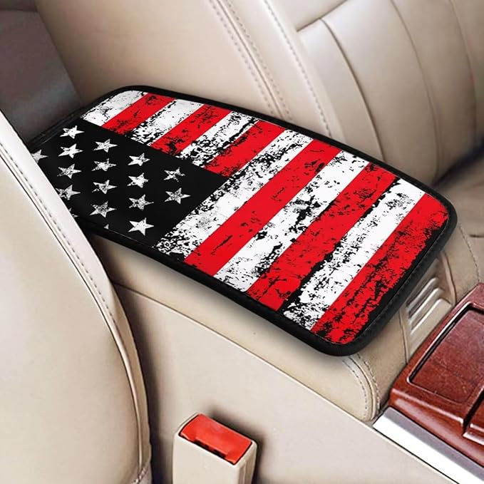 Red American Flag Center Console Cover for Most Cars Sedans Vans Truck Vehicles, SUVs Black Stars Vintage Middle Console Lid Pad Comfortable Armrest Protector Car Accessories