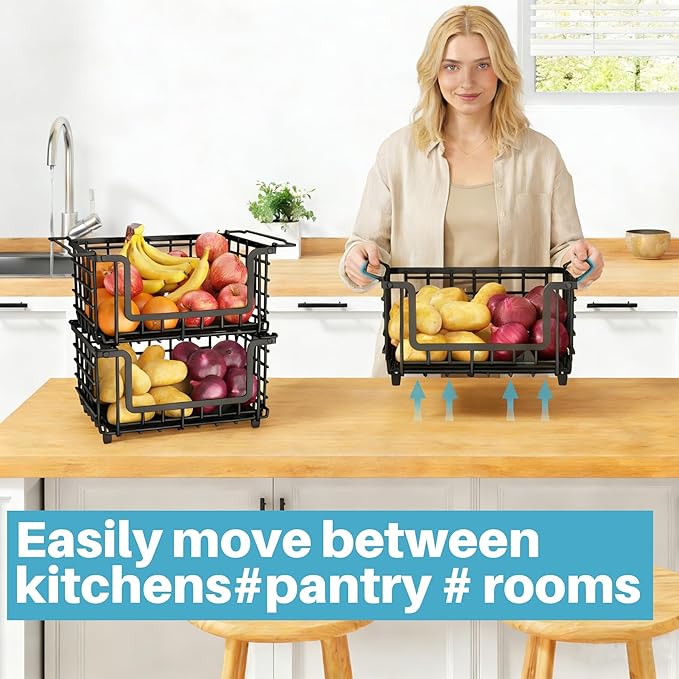 2 Pack Stackable Metal Wire Vegetable Fruit Basket for Kitchen Counter Cabinet, Pantry Organizers and Storage Basket, Food Can Snack Onion Potato Bread Storage Shelf Freezer Organizer Bins Containers