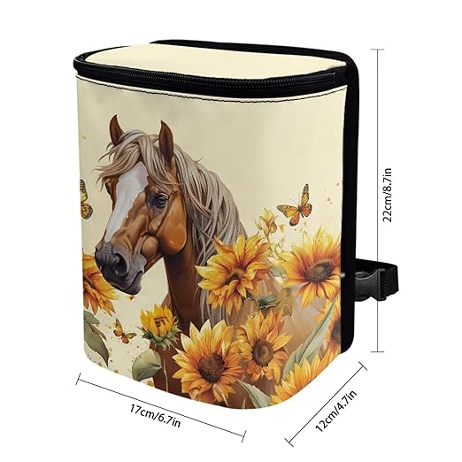 Hanging Sunflower Horse Car Trash Bag Zip Leak Proof Vehicle Garbage Bin with Lid Mini Portable Vehicle Waste Storage Bag for Automotive Front Back Seat Headrest