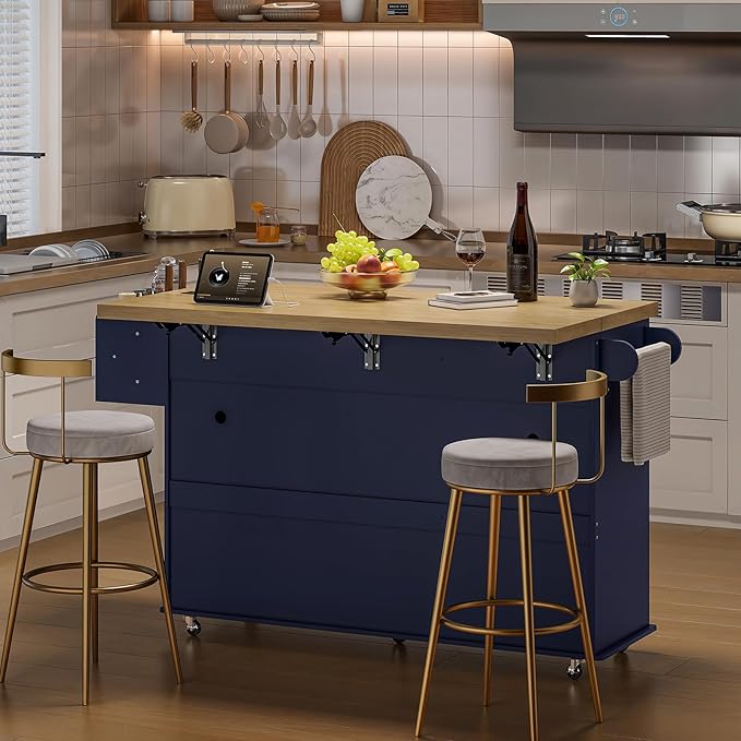 ONBRILL 60" Kitchen Island with Power Outlet & Drop Leaf, Mobile Storage Island with Spice Rack & Towel Rack, 4 Levels, Blue