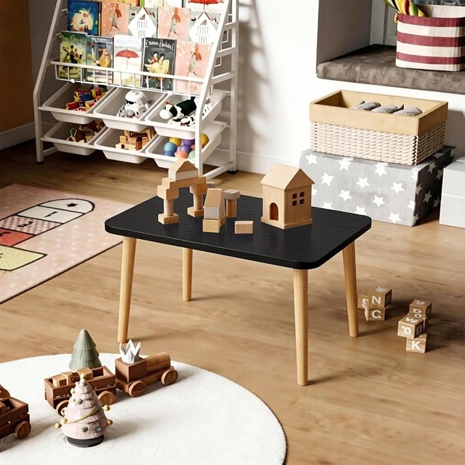 Square Coffee Table Low Table with 4 Solid Wood Sturdy Legs,Floor Table Desk for Sitting on The Floor,19.7"D x 31.5"W x 16"H Inches,Living Room/Toy room Furniture,Rental house Furniture(Black-Square)