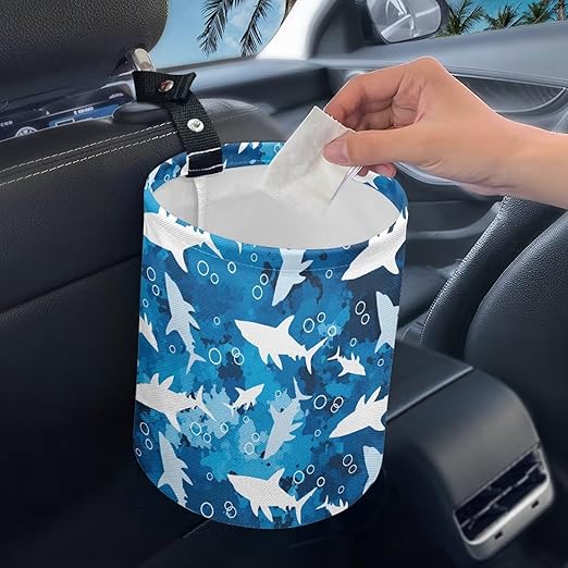 Blue Shark Car Trash Bin Hanging, Waste Basket - Cute, Portable, Collapsible, Waterproof Rubbish Bag for Back Seat, Floor, or Hanging Headrest