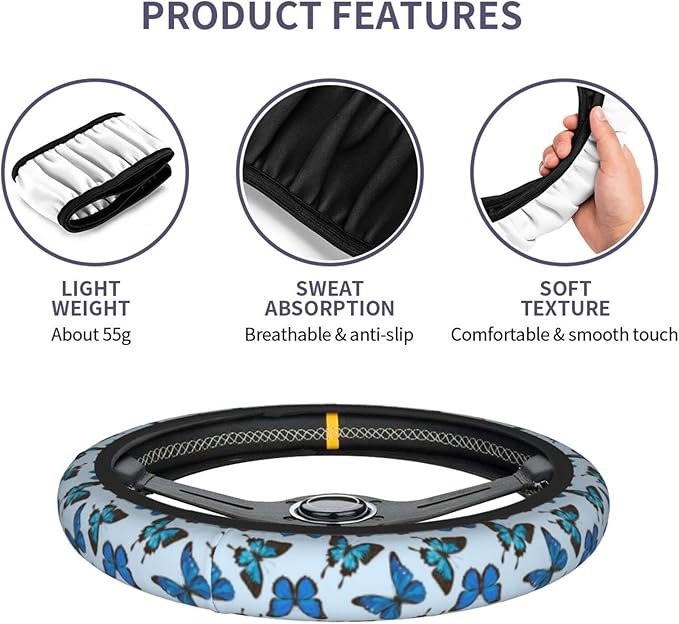Blue Butterfly Steering Wheel Cover for Women Men with 2 Pcs Car Coasters, Universal 14.5-15 Inch Rainbow Steering Wheel Covers Non-Slip Car Accessories for Girls