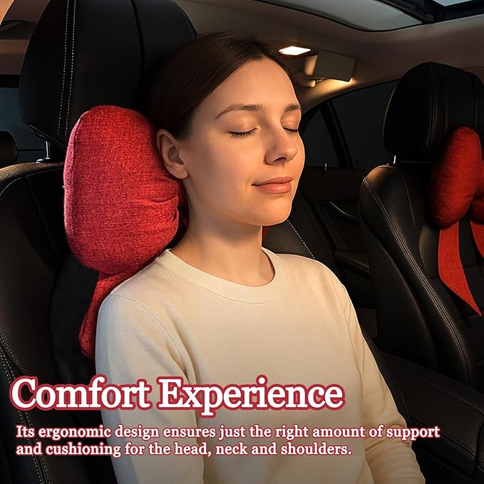 wuyaoyao Bow Car Headrest Pillow, Cute Bow Shape Car Neck Pillow, Soft Comfortable Automotive Seat Headrest Pillows for Driver, Universal Vehicle Neck Support Cushion for Sleeping Travel(Red)