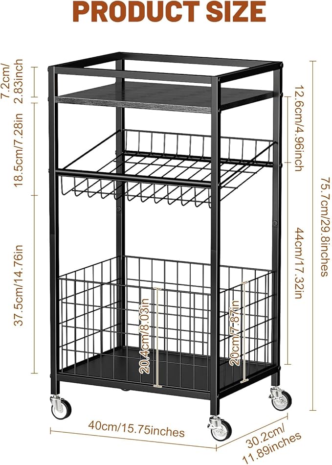 Fruit Vegetable Cart, 3-Tier Snack Kitchen Cart on Wheels & Wood Top, Utility Shelf Rack Organizer for Fruit, Vegetables, Potato, Snack, Black