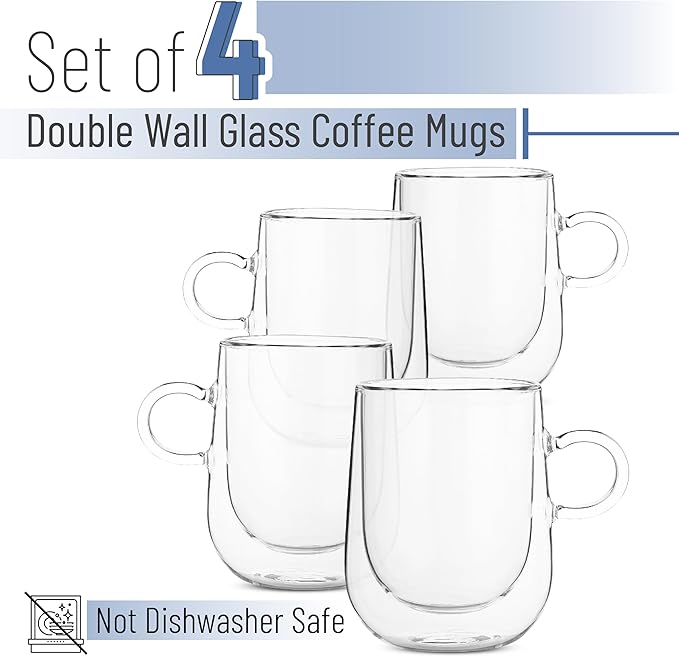 BTaT- Double Walled Glass Coffee Mugs, 8 oz, Set of 4, Glass Coffee Cups with Handle, Insulated Clear Coffee Mug for Hot and Cold Beverages, Cappuccino, Latte, Tea, Americano, Microwave Safe