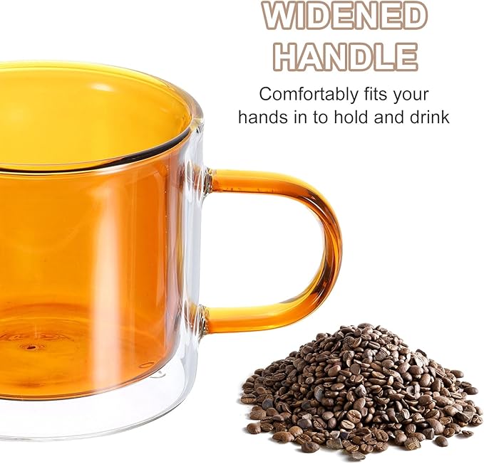 uxcell 8.4 oz Double Wall Glass Coffee Mugs, Glass Tea Cup with Widened Handles for Espresso Coffee, Cappuccino, Tea Bag, Latte, Hot Cold Beverages, Juice, Brown