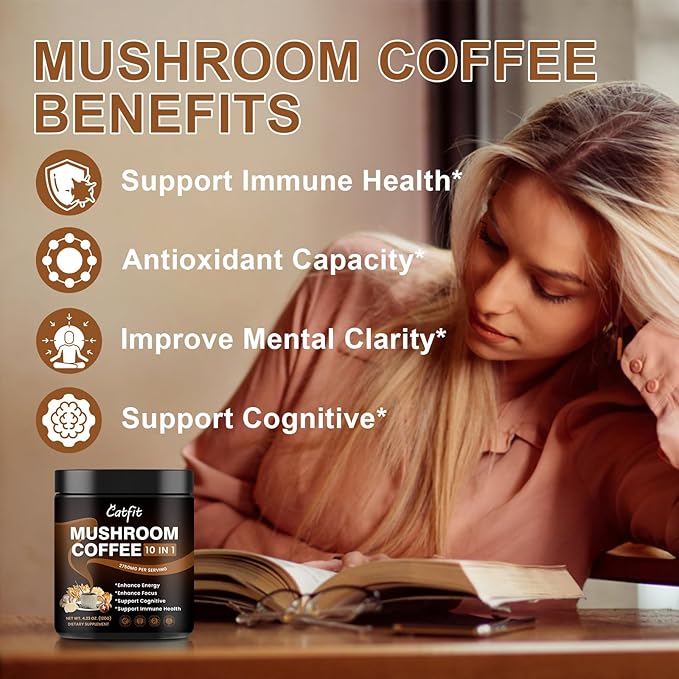 Catfit Instant Mushroom Coffee Powder, 10-in-1 Adaptogen Blend with Lion's Mane, Chaga & Cordyceps for Energy, Focus, Gut Health & Immune Support - 240g, 75 Servings