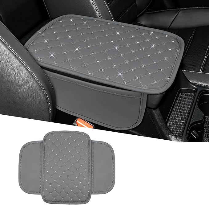 wuyaoyao Bling Car Center Console Cover, 11.81"×7.87" Leather Auto Arm Rest Cover Protector with 2 Storage Bags, Vehicle Crystal Rhinestone Armrest Cushion Pad, Interior Car Accessories (Gray)