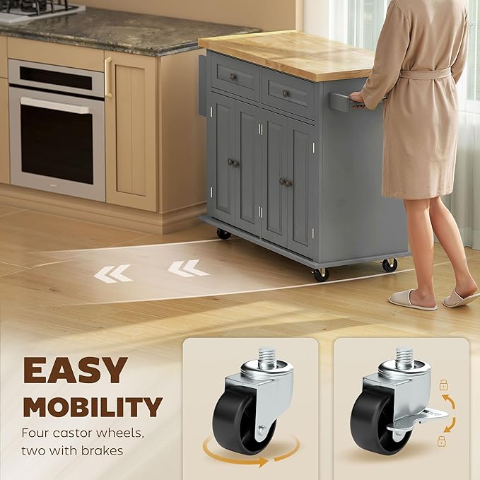 HOMCOM Kitchen Island Cart with Rubber Wood Top, Rolling Kitchen Island Table on Wheels with Drawers, Adjustable Shelves, Spice Rack and Towel Rack for Dining Room, Gray