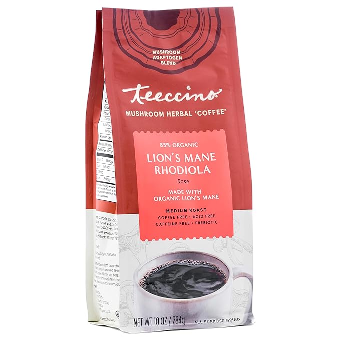 Teeccino Lion’s Mane Rhodiola Coffee Alternative - Rose - Adaptogenic Herbal Mushroom Coffee, Medium Roast, Caffeine Free, Prebiotic, Acid Free, All-Purpose Grind - 10 Oz