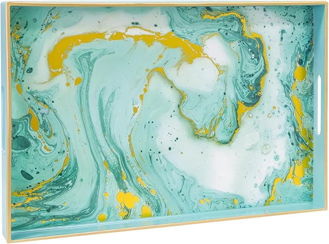 MAONAME Turquoise Serving Tray with Handles, Plastic Decorative Tray for Coffee Table, Marbling Rectangular Tray for Bathroom, Ottoman, Storage, 15.7" Lx 10.2" W X 1.57" H