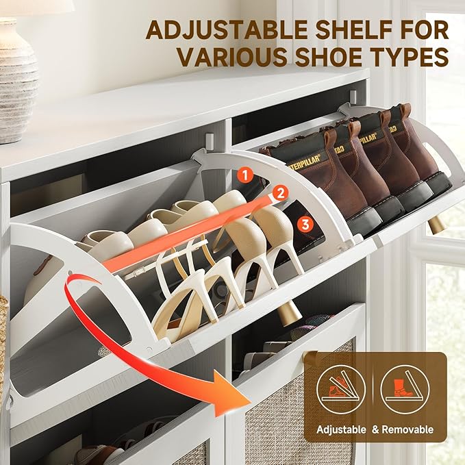 Nicetree Freestanding Ultra Slim Arched Rattan Accent Shoe Storage Cabinet for Entryway - 4 Flip Drawers & 3-Tier Adjustable Shelves, Farmhouse Modern Rustic Shoe Rack for Hallway Foyer,Cloud White