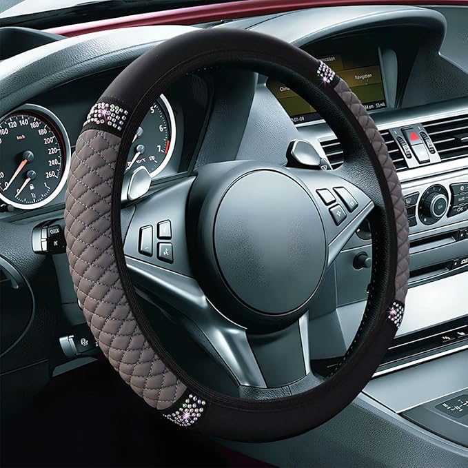 Bling Soft Leather Steering Wheel Cover, 15" Anti-Slip Sparkly Crystal Auto Elastic Steering Wheel Protector for Women Girl, Colorful Diamond Car Interior Accessory for Most Cars (Grey)