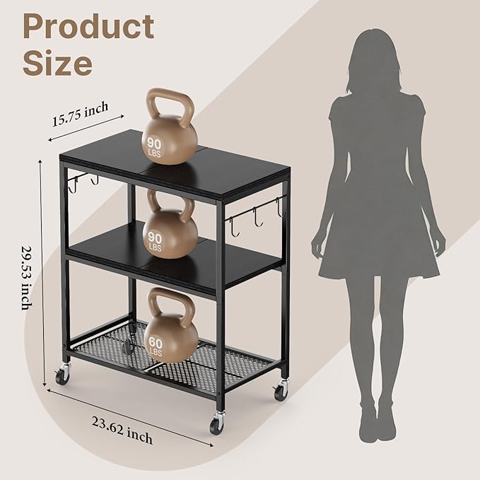 Rolling Kitchen Microwave Cart with 6 Hooks, 3 Tier Utility Cart Storage Table Stand on Lockable Wheels, Small Coffee Shelf Rack Organizer,Black