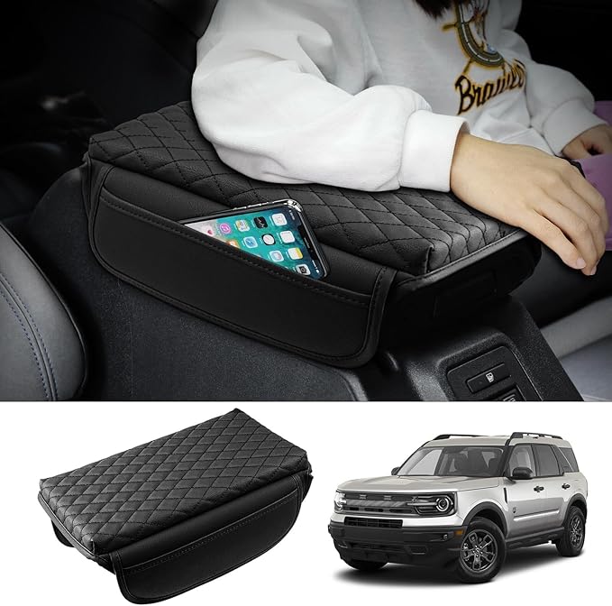 Shademax Center Console Cover for Ford Bronco 2/4 Door 2026 2025 2024 2023 2022 2021 Accessories, Armrest Cover Cushion Pad PU Leather Armrest Seat Box Scratches Protector with Pockets Storage Bag