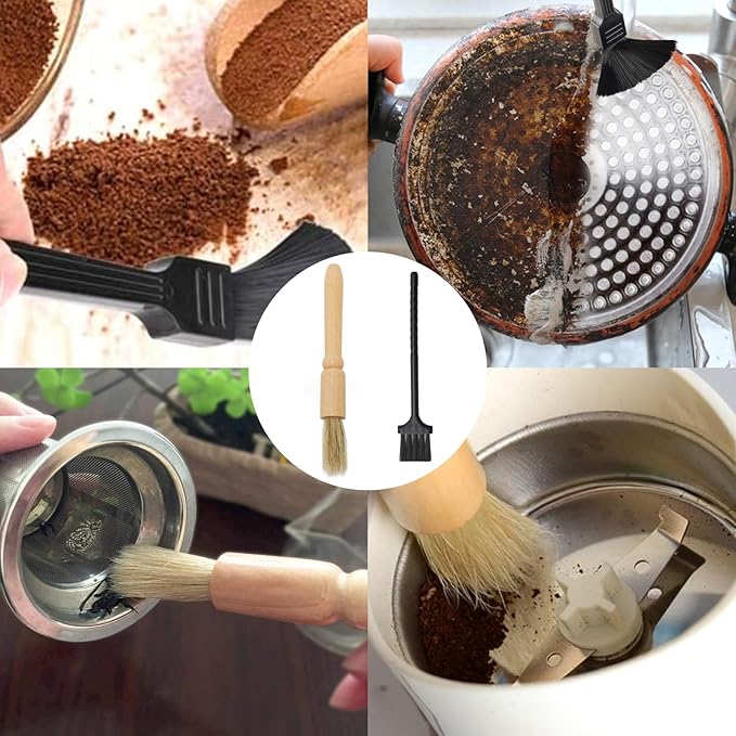2 Pack Coffee Grinder Cleaning Brush Heavy Wood Handle Natural Bristles Dusting Espresso Brush and Nylon Espresso Machine Brush Burr Grinder Cleaner for Toaster Pollen Pot Barista Kit Tool