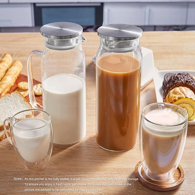 Bivvclaz 2 Pack 1.6 Liter 54 oz Glass Pitcher with Lid and Handle, Glass Carafe Water Pitcher for Hot/Cold Water, Iced Tea, Drinks, Coffee, Juice and Homemade Beverage