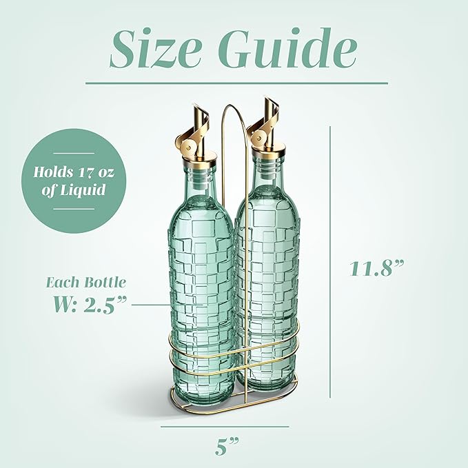 COOK WITH COLOR Glass Olive Oil Bottle Dispenser - 2 Pack- 17oz Oil and Vinegar Cruet - Olive Oil Carafe Decanter for Kitchen, Checkered, Green