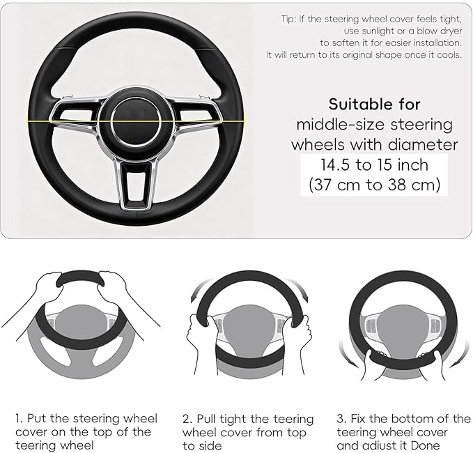Cow Print Steering Wheel Cover, Microfiber Leather Cute Breathable Anti Slip Universal 14.5-15 inch Car Interior Accessories for Women Men, Black White
