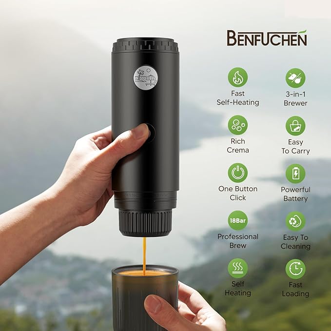 BENFUCHEN 3 in 1 Portable Electric Espresso Machine for Nespresso Capsule, Travel Coffee Maker with Ground Coffee for Camping, RV, Hiking, Office,Car Coffee Maker Self-Heating with USB-C (Black)