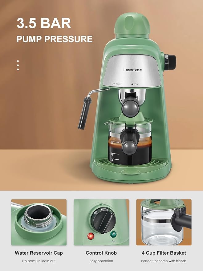 Espresso Machine, 3.5Bar Espresso and Cappuccino Machine with Preheating Function, 4 Cup Coffee Maker with Milk Frothing Function and Steam Wand (Green), CM6810
