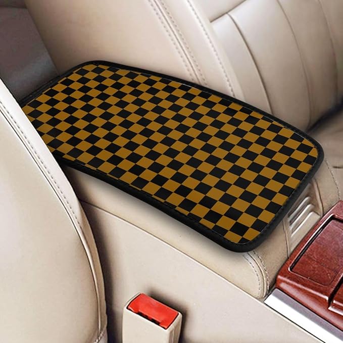 Brown Black Checkered Chessboard Flag Car Armrest Pad Cute Cars Center Console Cover Auto Handrail Box Cushion Armrests Cover