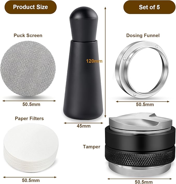 51mm Espresso Accessories Kit Fits Delonghi 51mm Espresso Machines and Portafilters, Espresso Tamper Kit with Dual Head Tamper & Distributor, WDT Tool, Dosing Funnel, Puck Screen, Filter Papers
