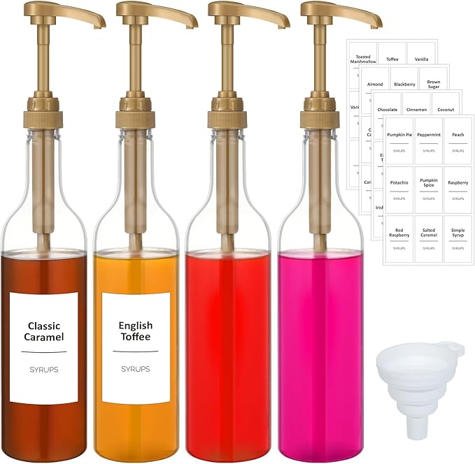 Bokon Coffee Syrup Dispenser 25.4 oz 750 ml Drinking Syrup Pump Bottles with Comprehensive Label Set and Funnel for Coffee Bar Accessories Essentials(Gold,4 Pcs)
