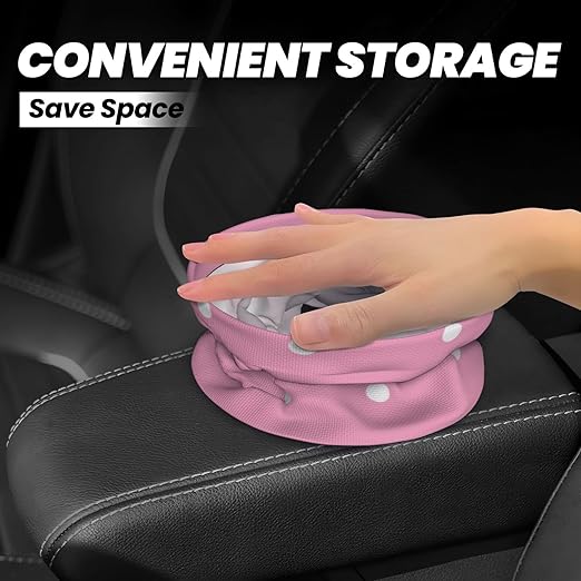 Cute Pink White Polka Dots Car Trash Can Garbage Cans Foldable,Small Hanging Car Organizer Storage Bag Leak Proof, Auto Back Seat Trash Bin Universal for Truck, SUV, Outdoor Travel