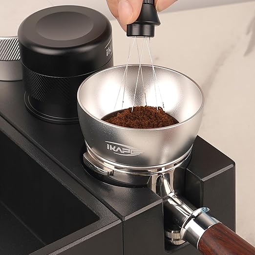 IKAPE Dosing Funnel Set Silver, 58mm Espresso Dosing Ring & Puck Screen Kit Compatible with 58 mm Bottomless Portafilter