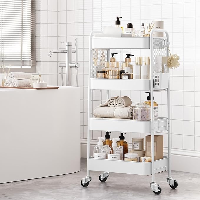 TOOLF 4 Tier Rolling Cart with Pegboard, Metal Storage Organizer Cart with Wheels, Hooks & Bins Esthetician Craft Art Sturdy Storage for Bathroom, Kitchen, Office, Nursery Diaper