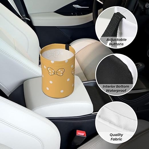 Cute Polka Dots Yellow Bow Car Trash Can Garbage Cans Foldable,Small Hanging Car Organizer Storage Bag Leak Proof, Auto Back Seat Trash Bin Universal for Truck, SUV, Outdoor Travel