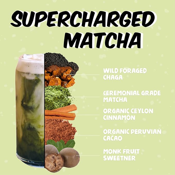 Renude Chaga Matcha - Chaga Mushroom Powder, Ceremonial Grade Matcha Superfood Drink Mix with Adaptogens, Keto, Vegan, Sugar Free, Natural Energy and Immune Support - 30 Servings